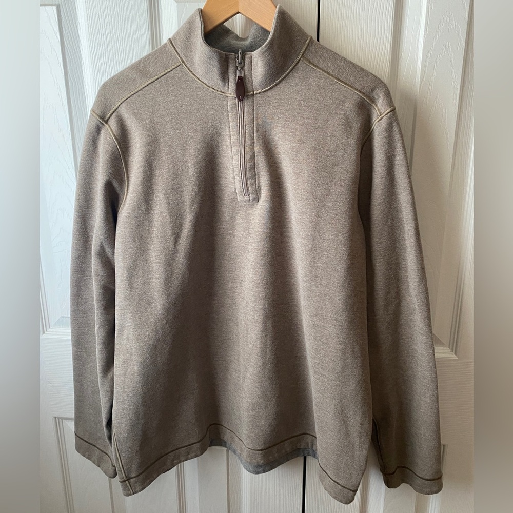 Johnston & Murphy Oatmeal/Light Gray Heather Reversible Quarter Zip Sweater SZ L